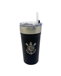 COPO TÉRMICO 500ML COM CANUDO PRETO - Corinthians